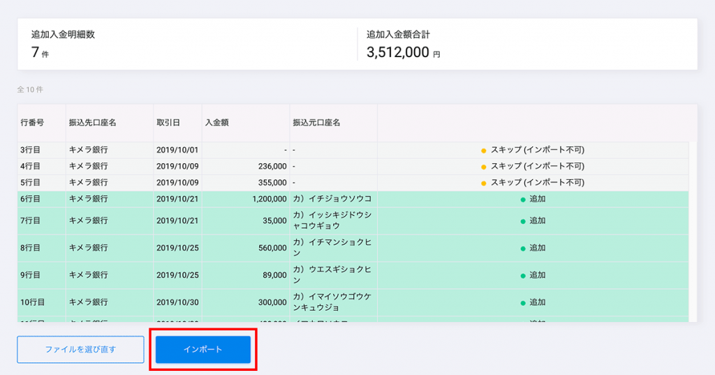 読み込む内容がプレビュー表示されますので表示内容に問題がなければ「インポート」ボタンをクリックすることで入金明細が追加されます。